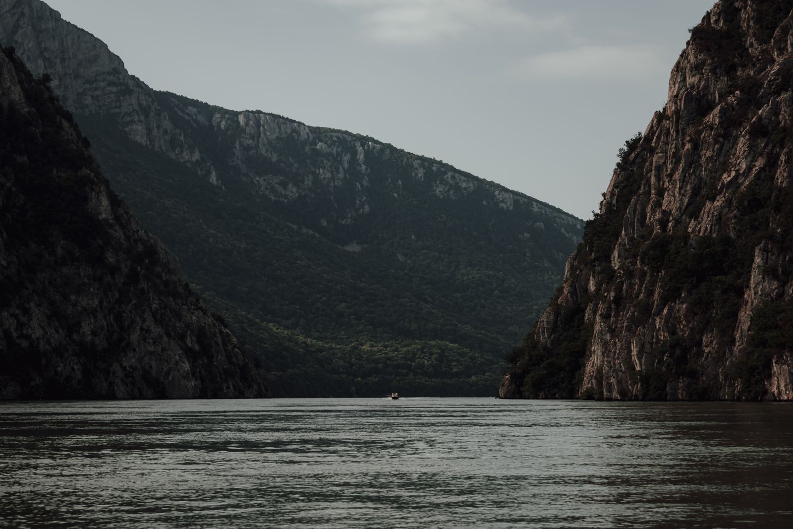 Lower Danube river cruise country: the Danube narrowing between steep cliffs in the Iron Gates gorge, Romania