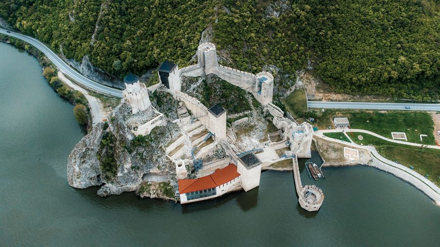 Aerial view of Golubac Fortress at the entrance to the Iron Gates